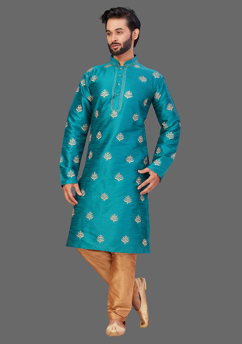 Gold Embroidered Art Silk Kurta Set For Men
