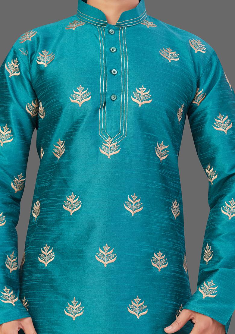 Gold Embroidered Art Silk Kurta Set For Men
