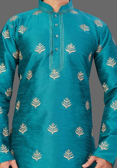Gold Embroidered Art Silk Kurta Set For Men