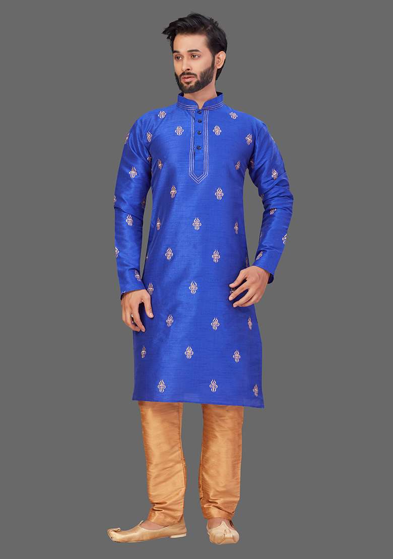 Gold Embroidered Art Silk Blend Kurta Set For Men - Indya