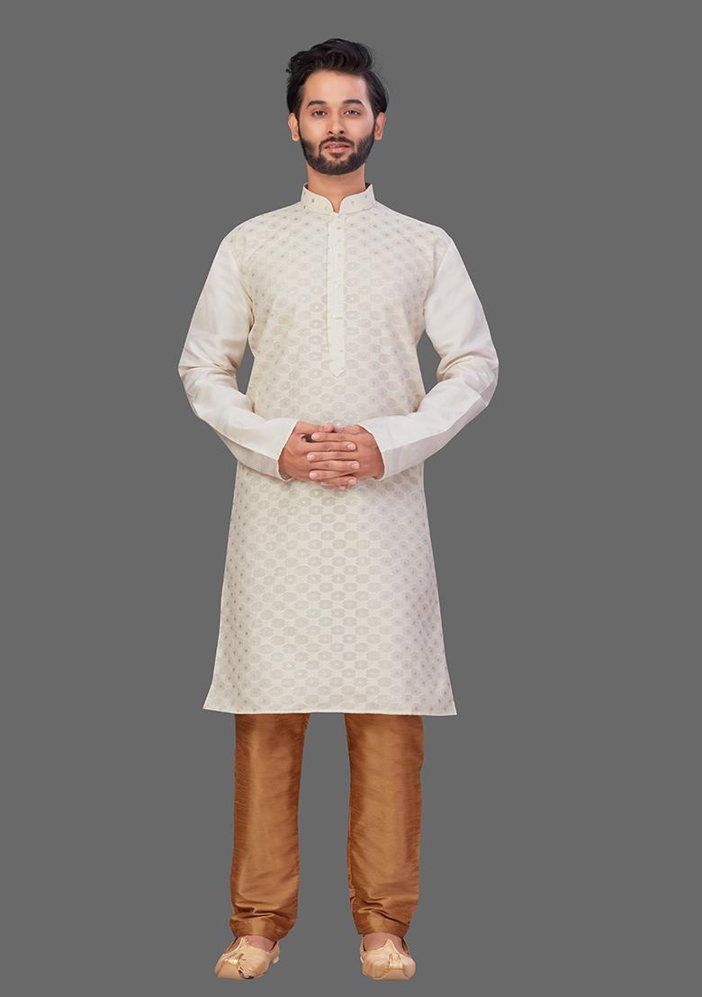 Gold Solid Jari Jacquard Kurta Set For Men