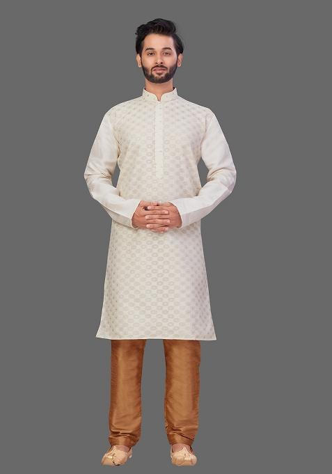 Gold Solid Jari Jacquard Kurta Set For Men