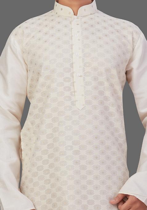 Gold Solid Jari Jacquard Kurta Set For Men