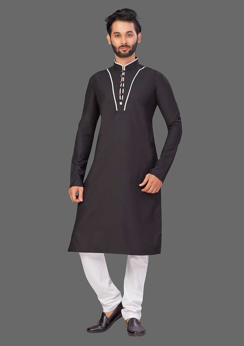 White Solid Cotton Kurta Set For Men - Indya