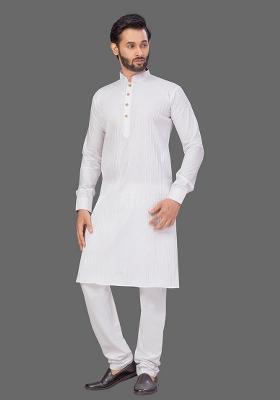 White Solid Cotton Kurta Set For Men