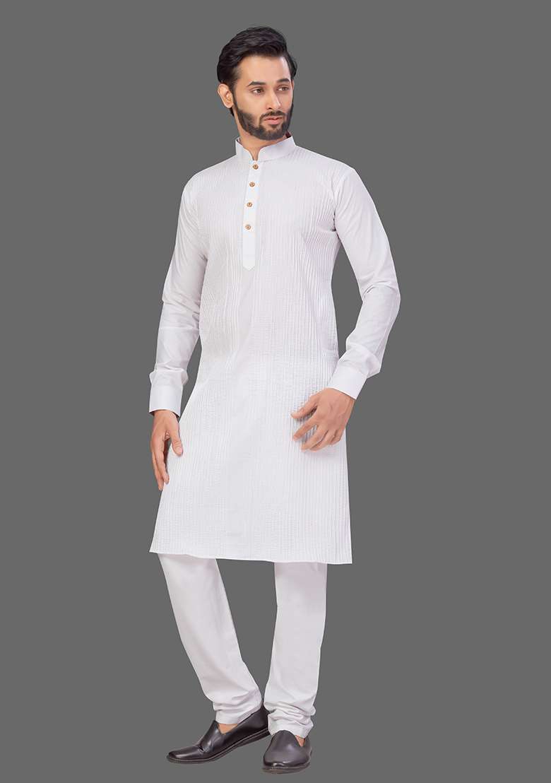White Solid Cotton Kurta Set For Men - Indya