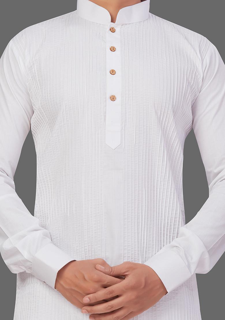 White Solid Cotton Kurta Set For Men