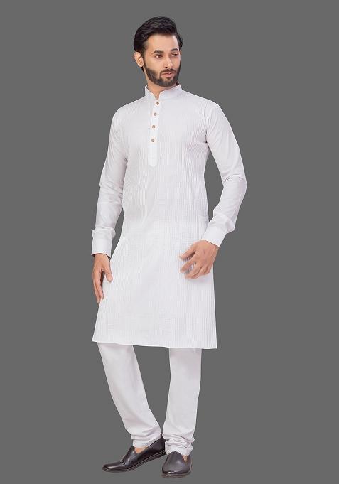 White Solid Cotton Kurta Set For Men