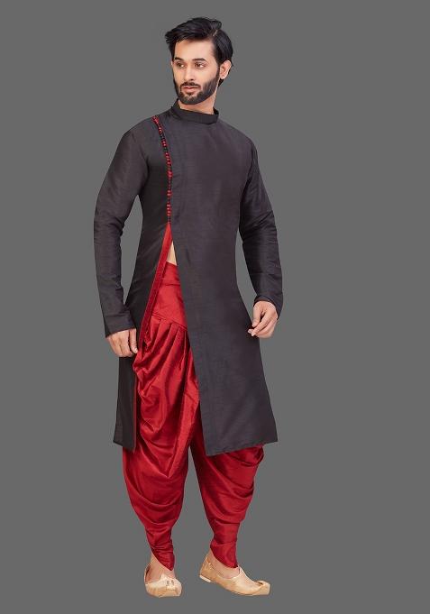 Maroon Solid Art Silk Kurta Set For Men