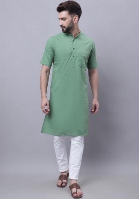 Green Solid Cotton Kurta For Men
