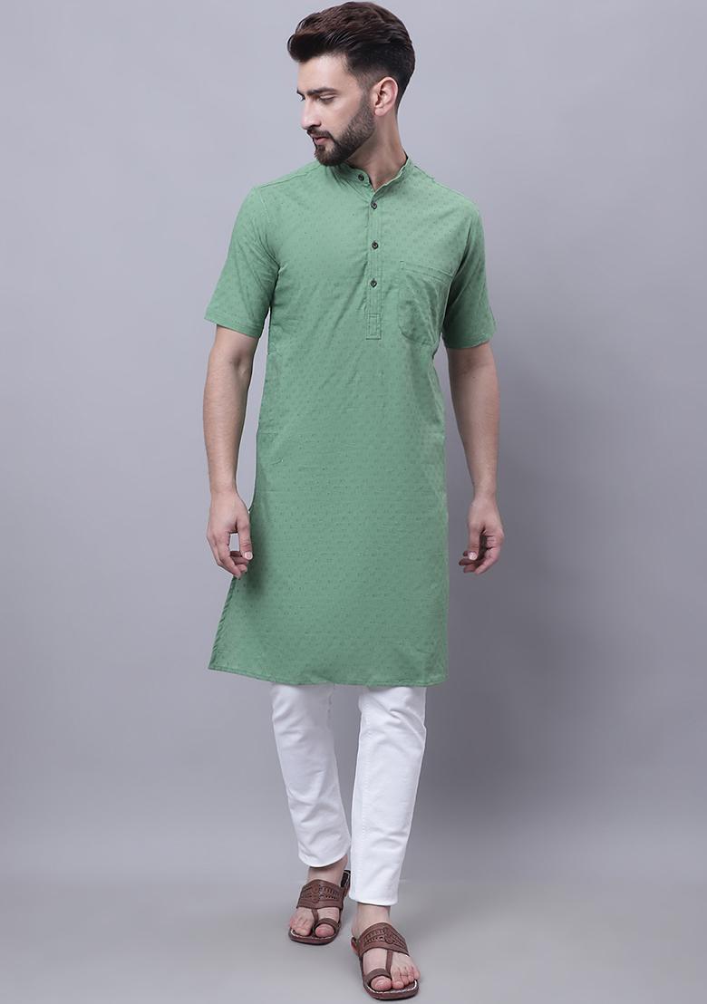 Green Solid Cotton Kurta For Men
