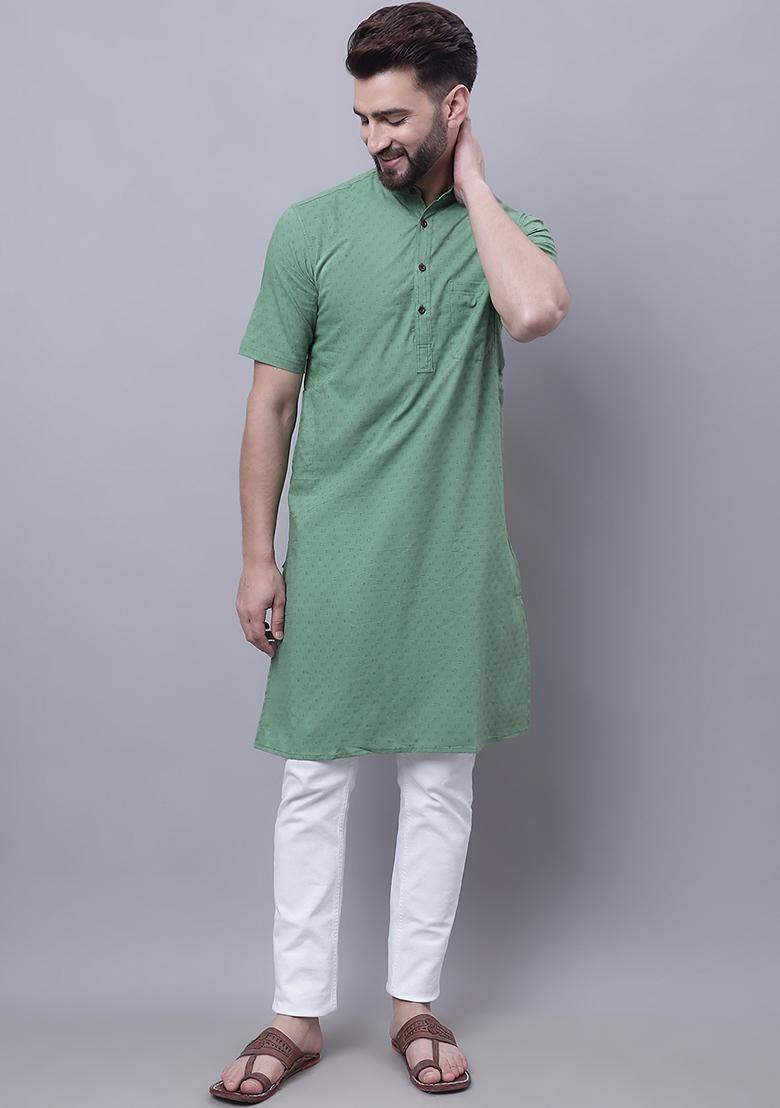 Green Solid Cotton Kurta For Men
