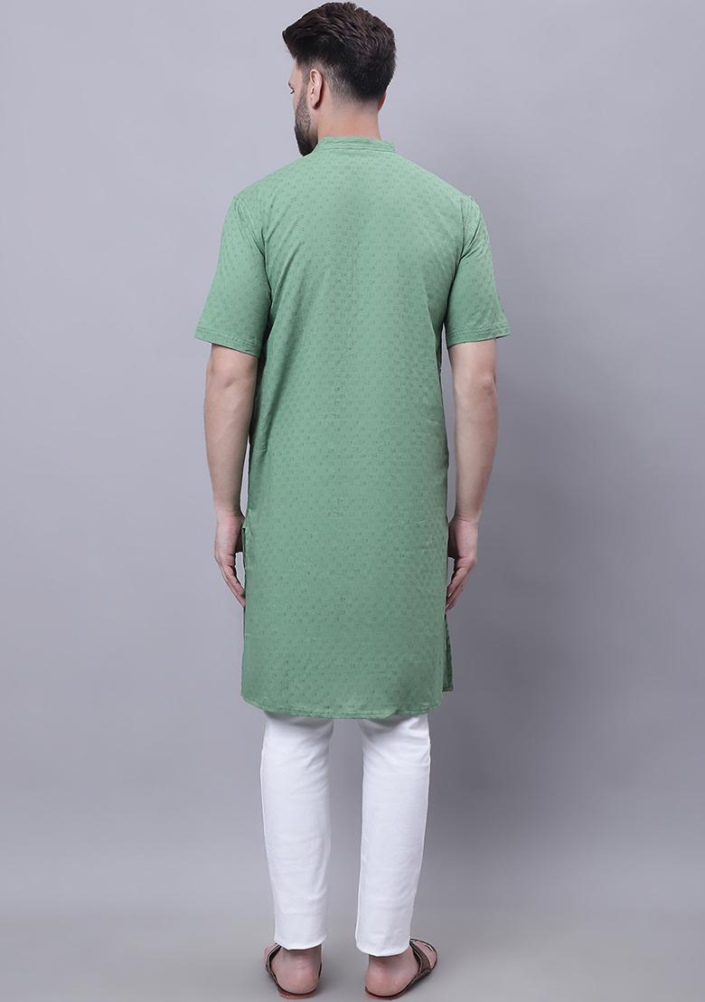 Green Solid Cotton Kurta For Men