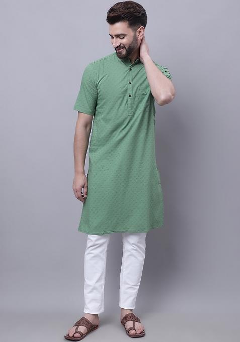 Green Solid Cotton Kurta For Men