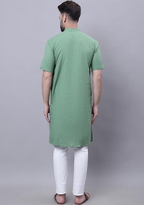 Green Solid Cotton Kurta For Men