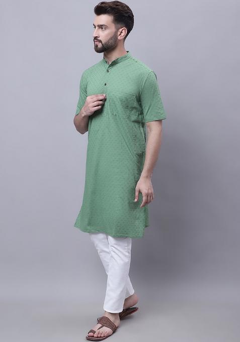 Green Solid Cotton Kurta For Men