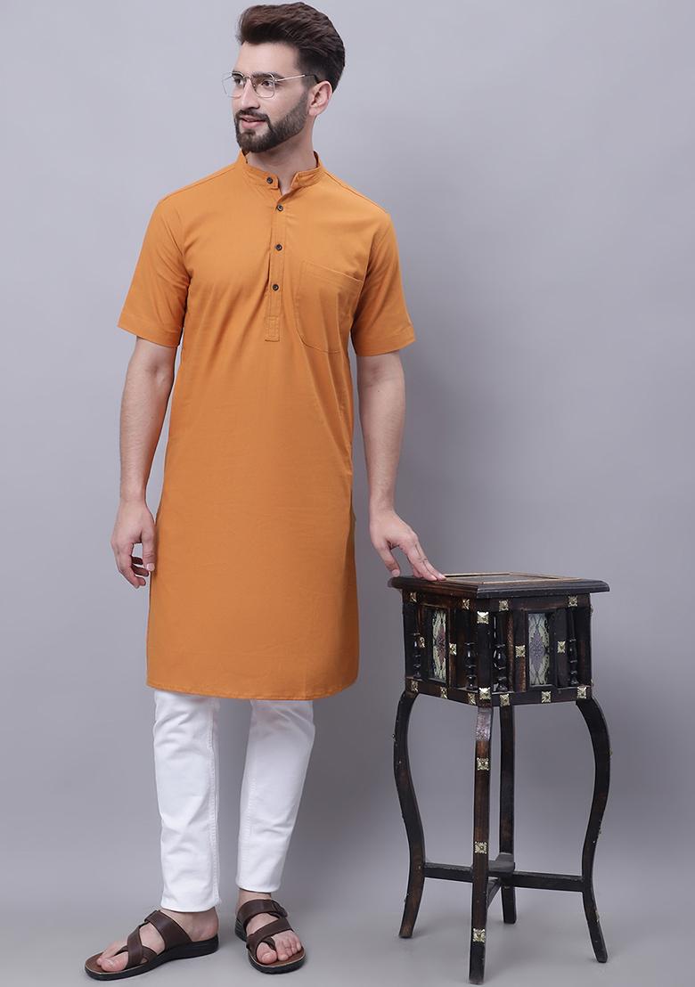 Yellow Solid Cotton Kurta For Men