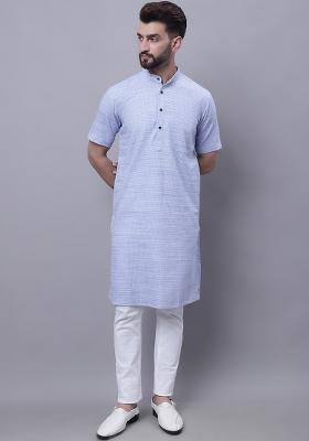 Blue Solid Cotton Kurta For Men