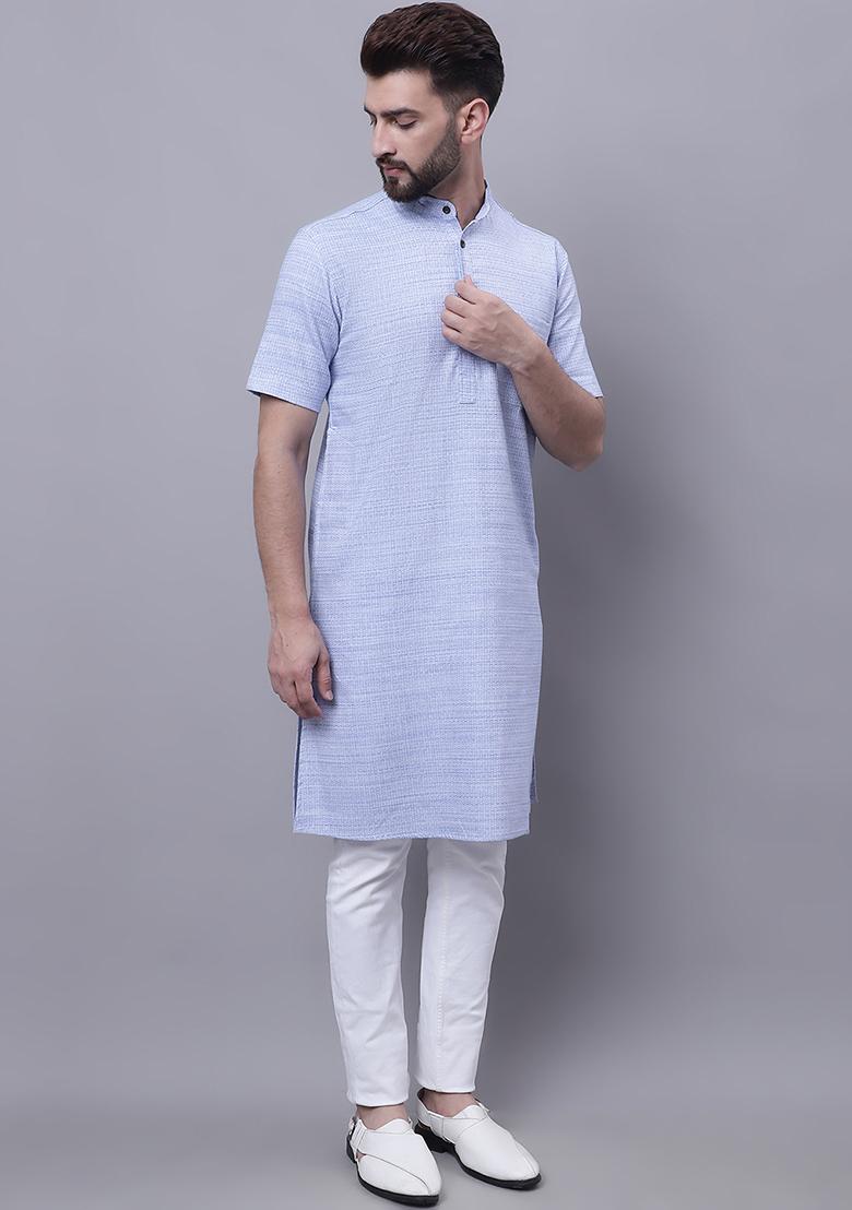 Blue Solid Cotton Kurta For Men - Indya