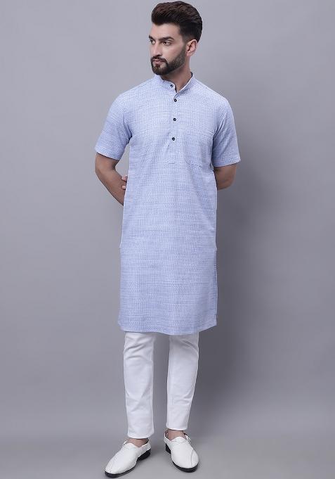 Blue Solid Cotton Kurta For Men