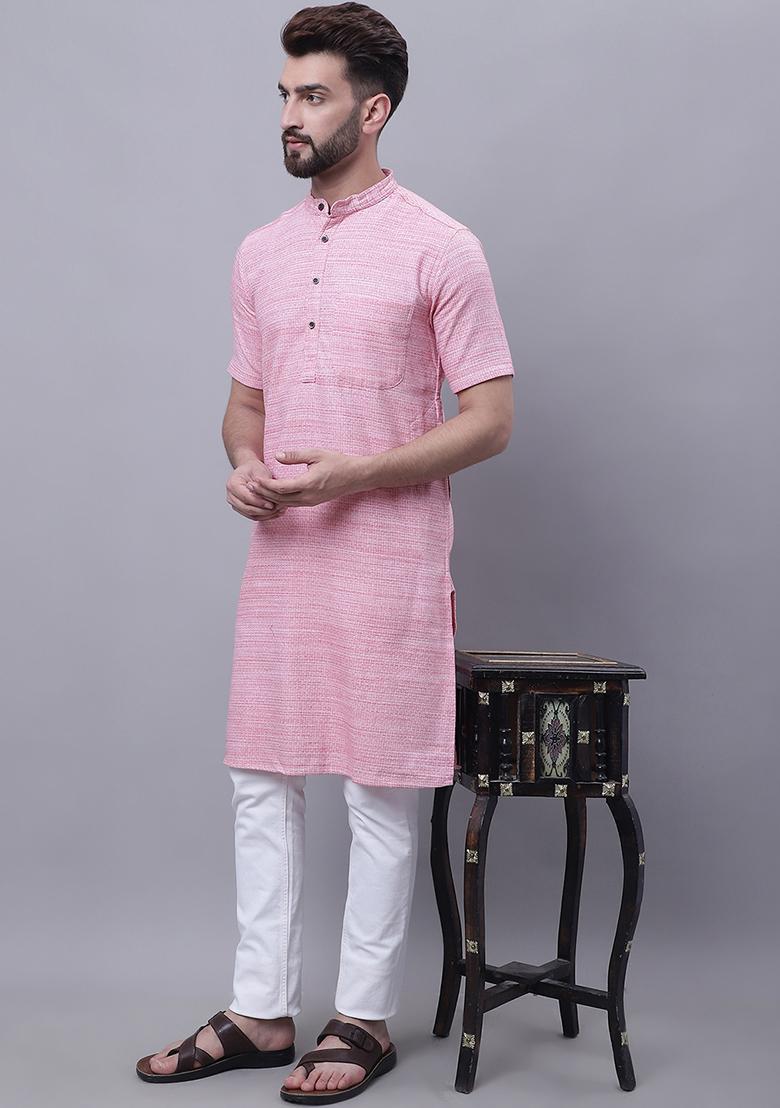 Red Solid Cotton Kurta For Men