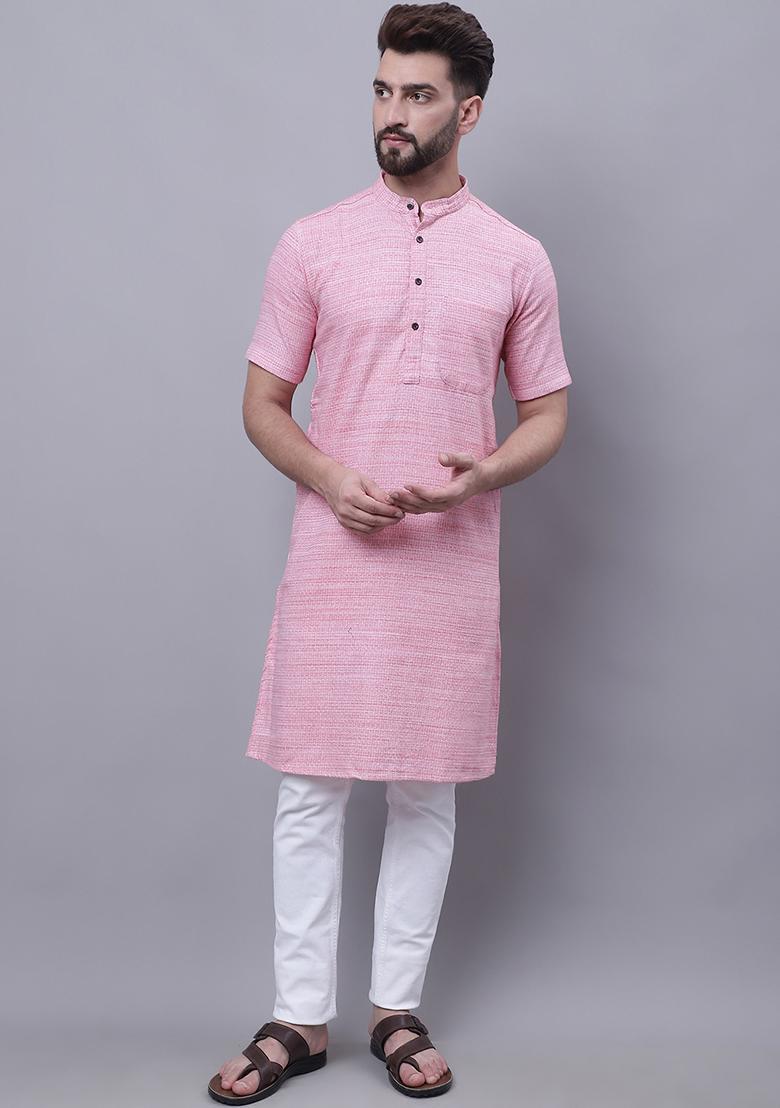 Red Solid Cotton Kurta For Men