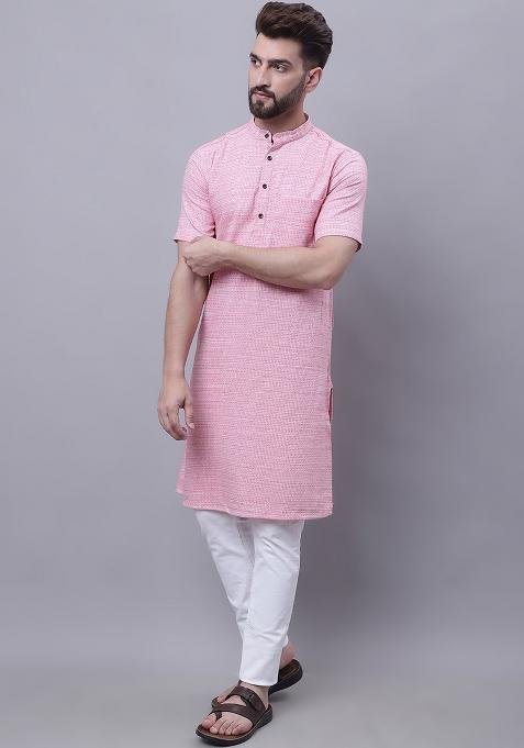 Red Solid Cotton Kurta For Men