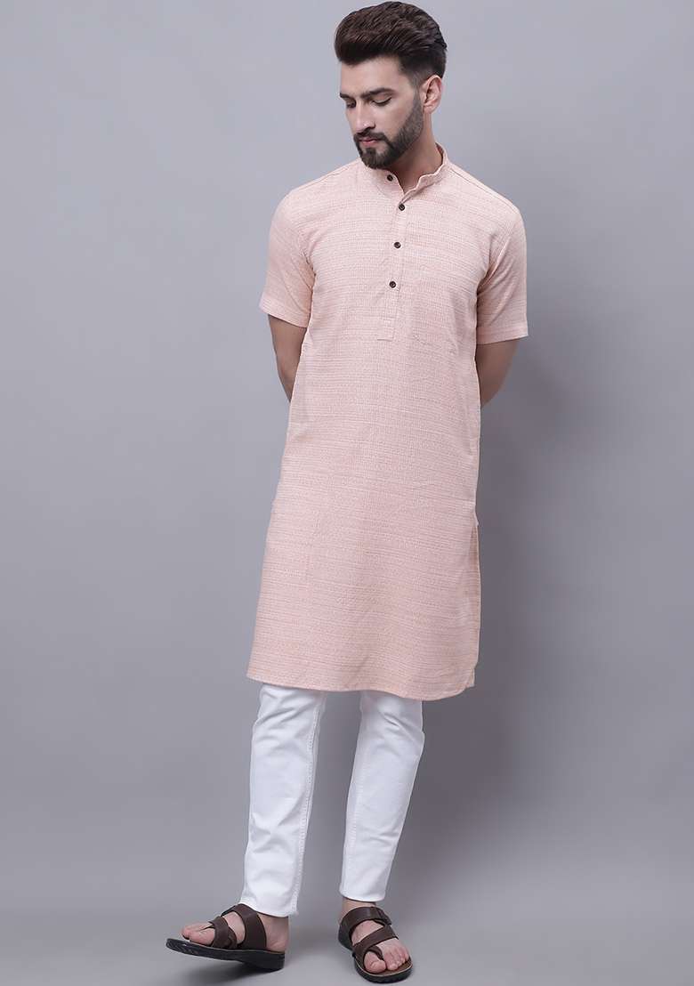 Peach Solid Cotton Kurta For Men - Indya