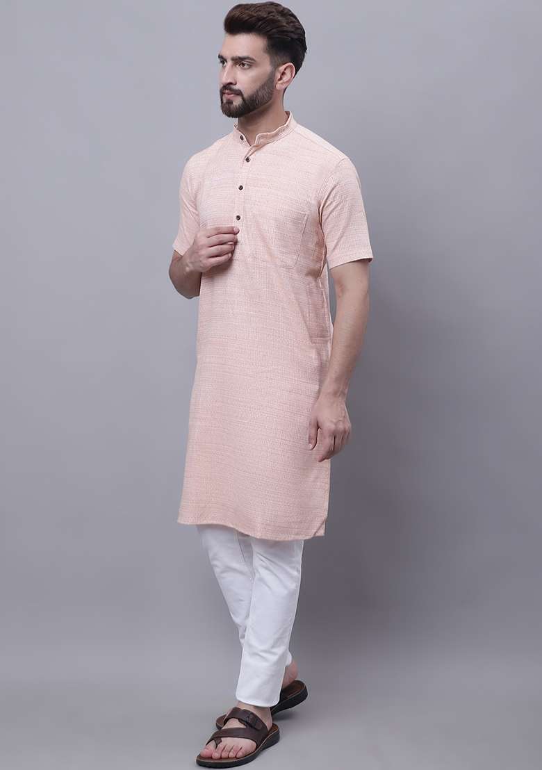 Peach Solid Cotton Kurta For Men - Indya