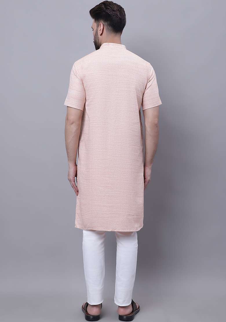 Peach Solid Cotton Kurta For Men - Indya