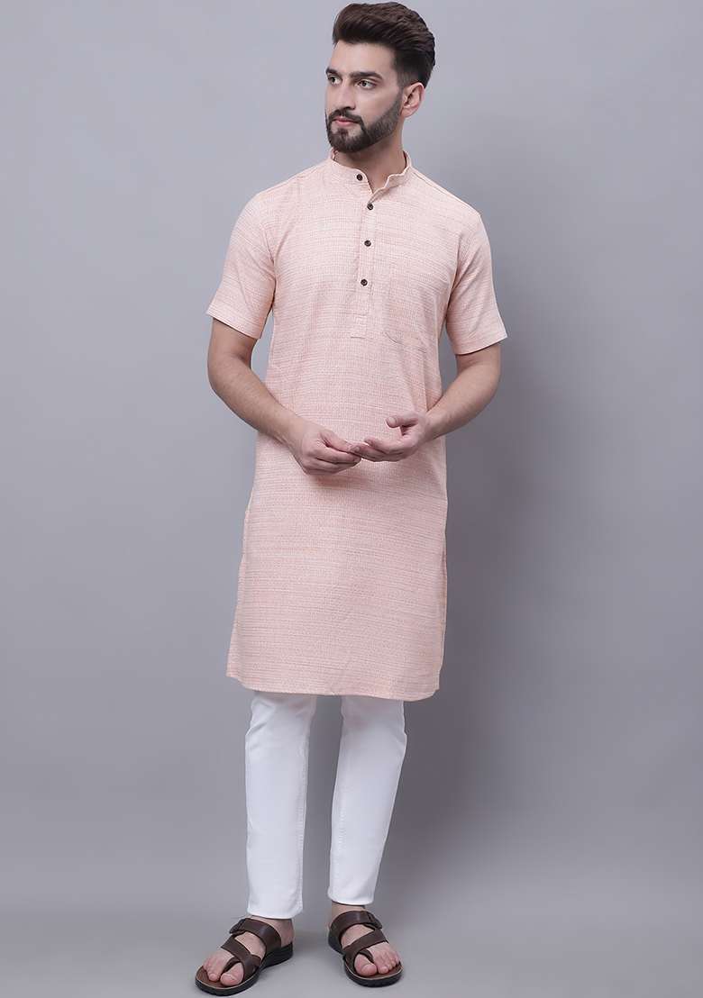 Peach Solid Cotton Kurta For Men - Indya