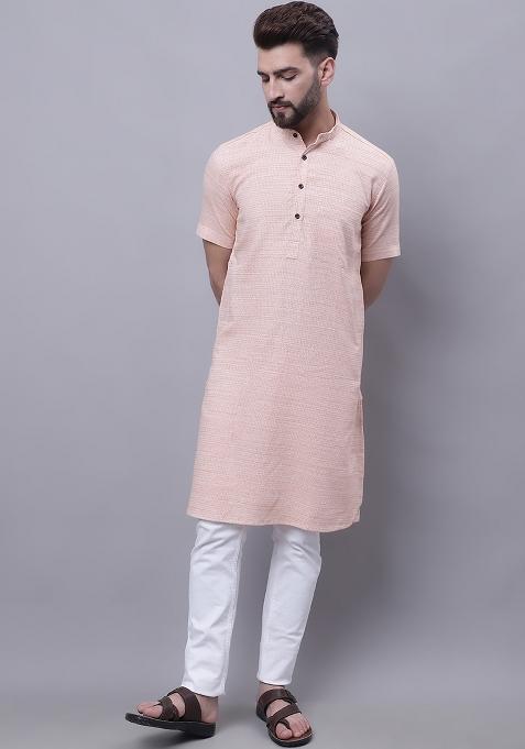 Peach Solid Cotton Kurta For Men