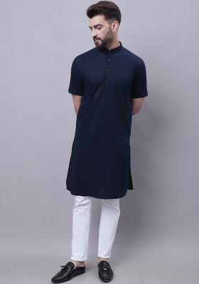 Blue Solid Cotton Kurta For Men