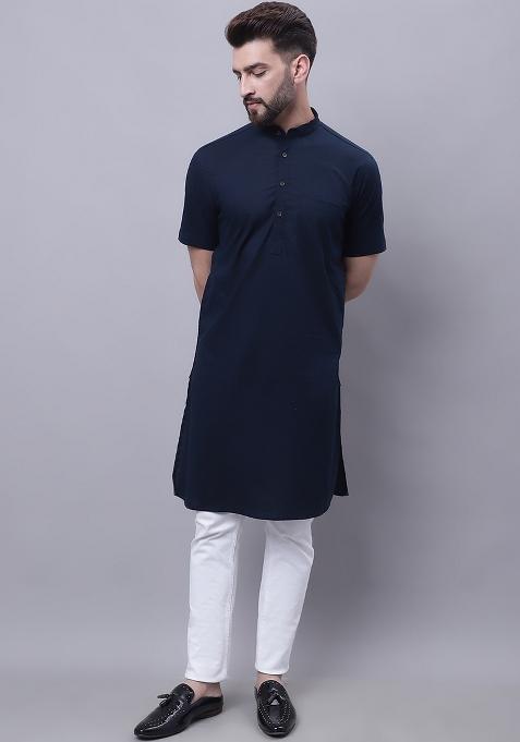 Blue Solid Cotton Kurta For Men
