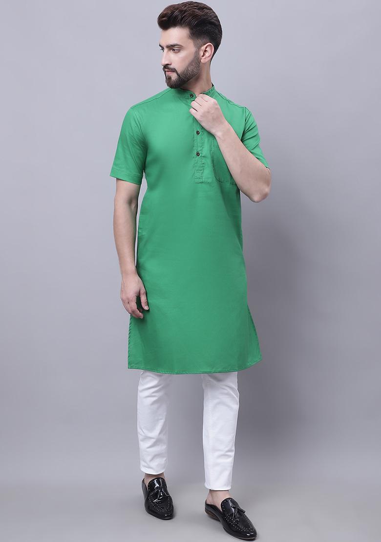 Green Solid Cotton Kurta For Men
