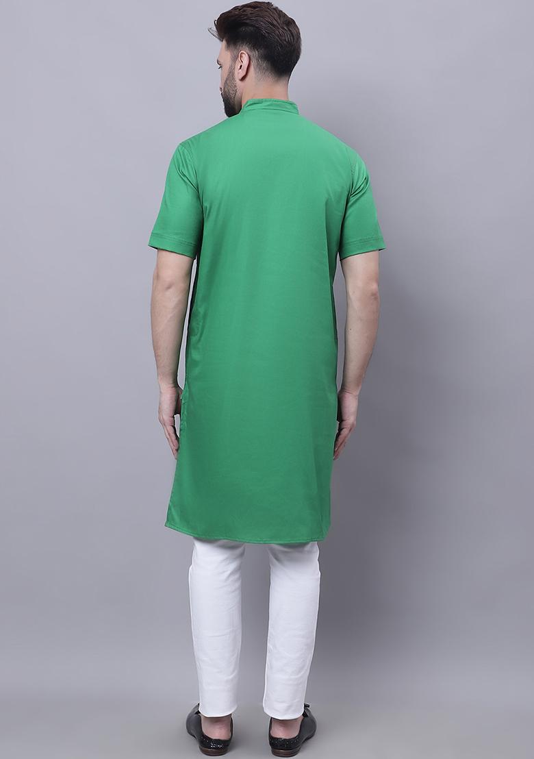 Green Solid Cotton Kurta For Men