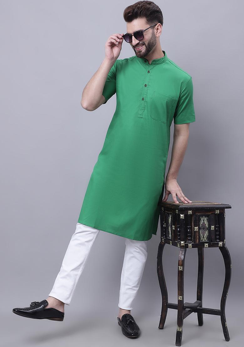 Green Solid Cotton Kurta For Men