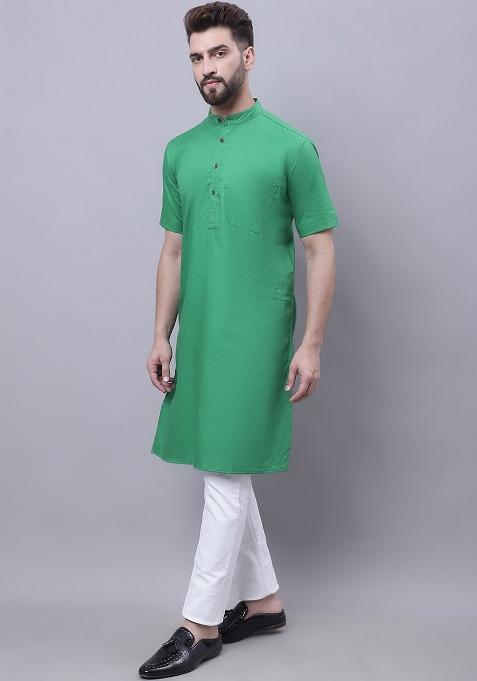 Green Solid Cotton Kurta For Men