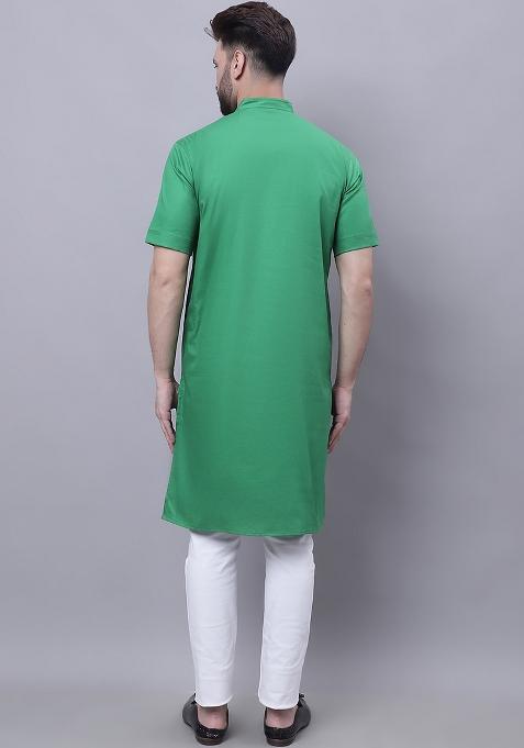 Green Solid Cotton Kurta For Men