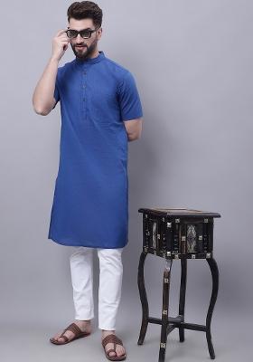 Blue Solid Cotton Kurta For Men