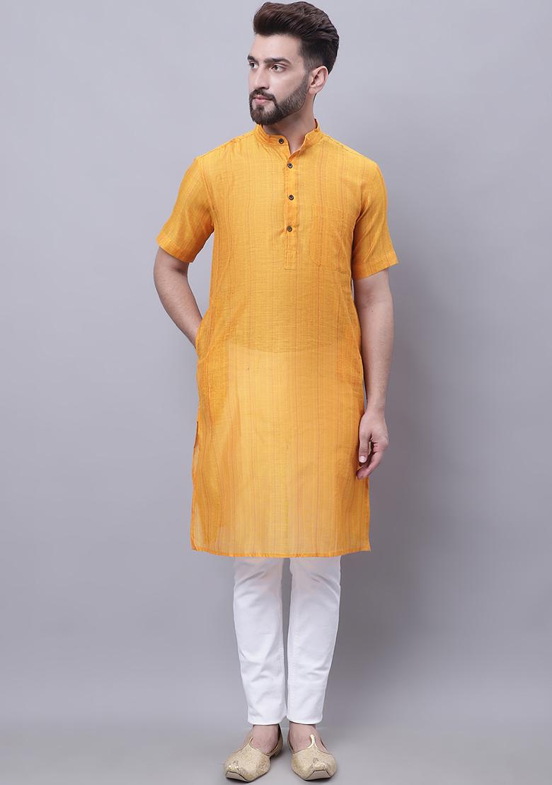 Yellow Solid Silk Kurta For Men