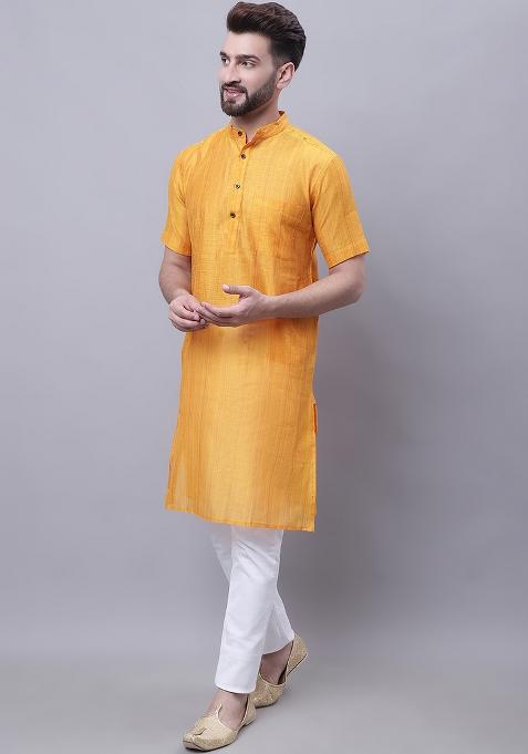 Yellow Solid Silk Kurta For Men