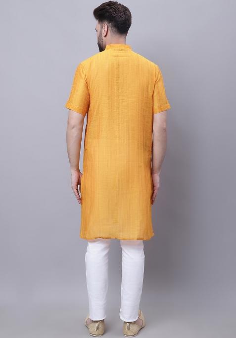 Yellow Solid Silk Kurta For Men