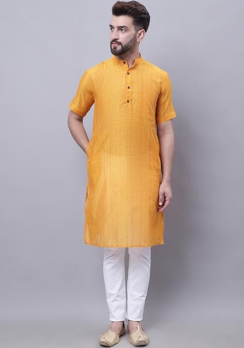 Yellow Solid Silk Kurta For Men