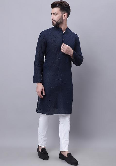 Blue Solid Cotton Kurta For Men