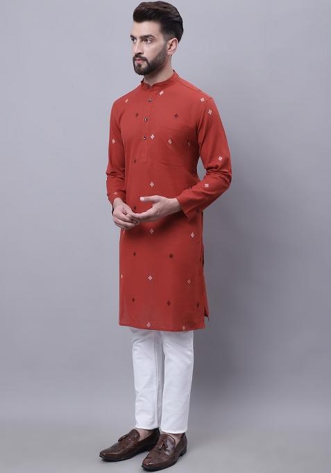 Rust Solid Cotton Kurta For Men