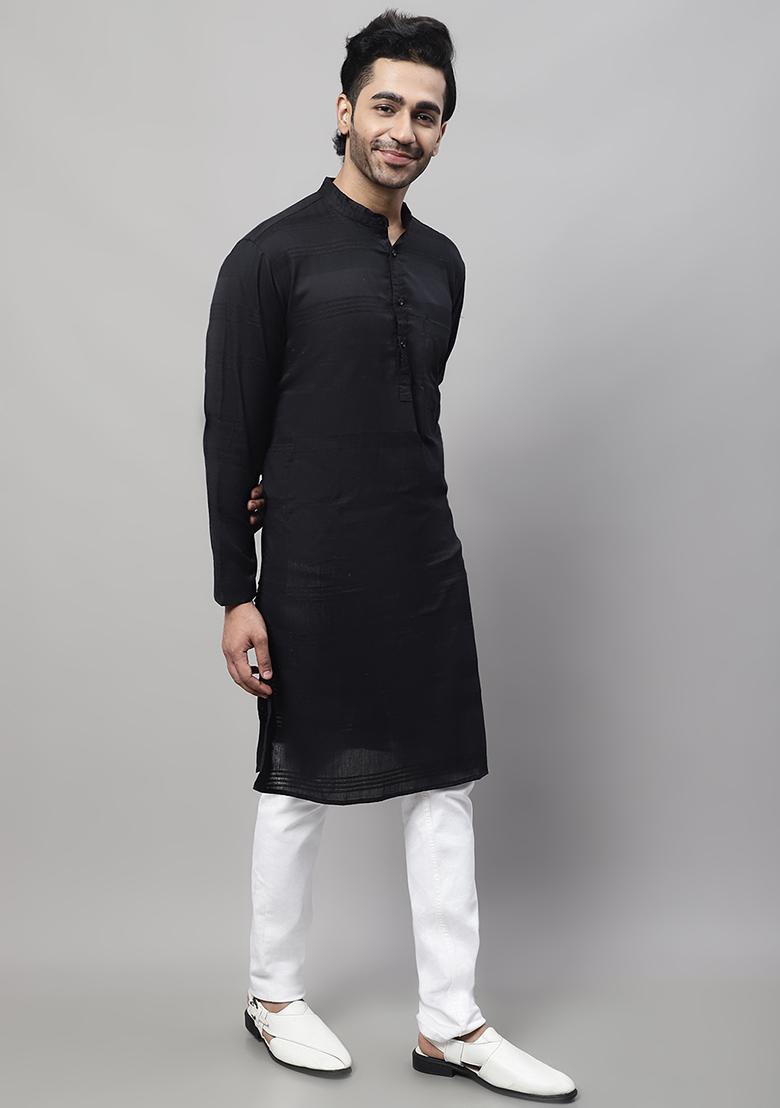 Black Solid Cotton Kurta For Men