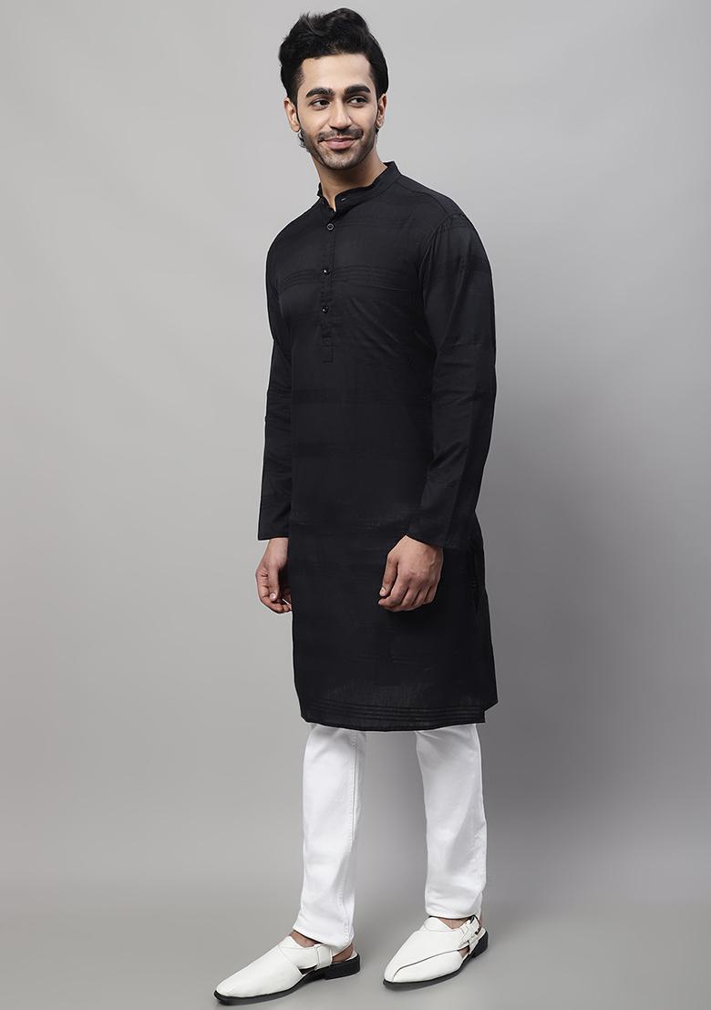Black Solid Cotton Kurta For Men