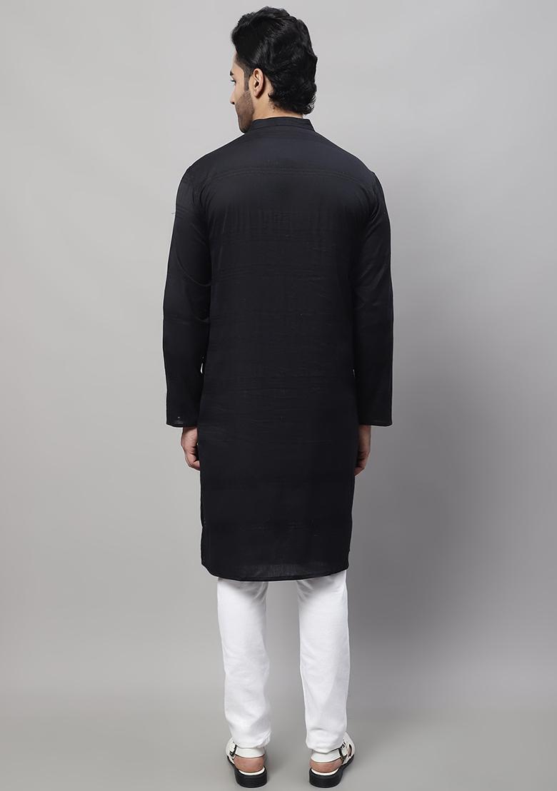 Black Solid Cotton Kurta For Men