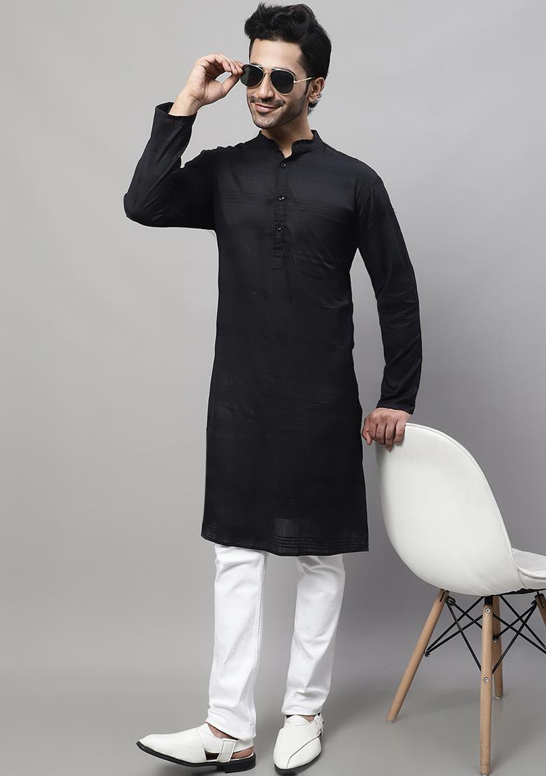 Black Solid Cotton Kurta For Men